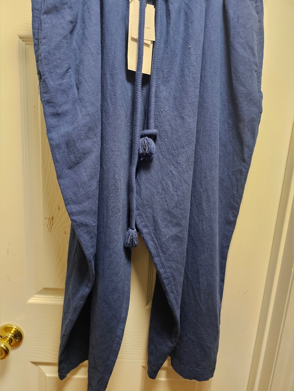ZARA Navy Capri Pants Linen Cotton Blend Size L Oversized Drawstring Waist NWT - Picture 6 of 13